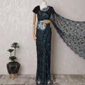 Twilight Teal French Two-Tone Chantilly Lace Saree with Stone Embellishments, 110cm Wide - 5.5m Piece-D18850