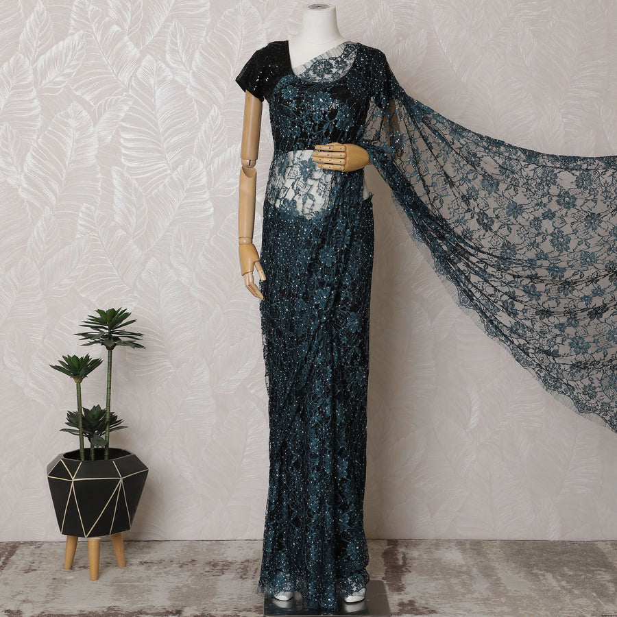 Twilight Teal French Two-Tone Chantilly Lace Saree with Stone Embellishments, 110cm Wide - 5.5m Piece-D18850