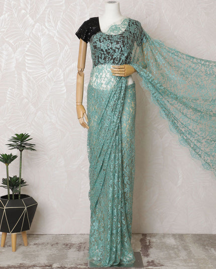 Aquamarine Elegance French Two-Tone Chantilly Lace Saree with Stone Embellishments, 110cm Wide - 5.5m Piece-D18851