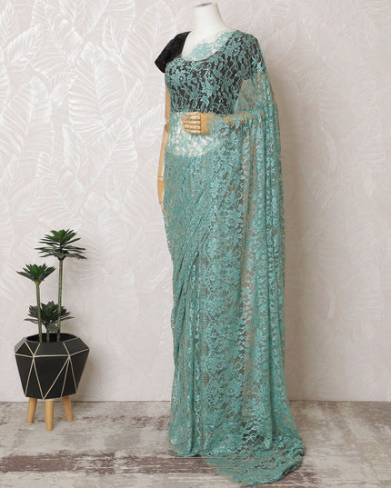 Aquamarine Elegance French Two-Tone Chantilly Lace Saree with Stone Embellishments, 110cm Wide - 5.5m Piece-D18851