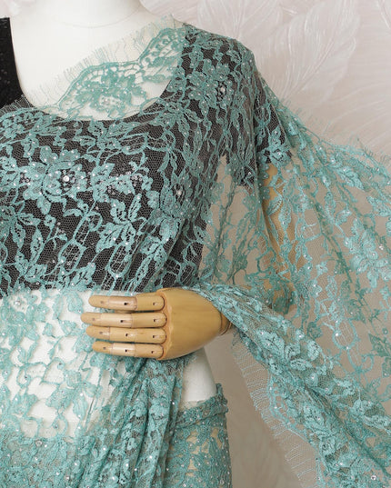 Aquamarine Elegance French Two-Tone Chantilly Lace Saree with Stone Embellishments, 110cm Wide - 5.5m Piece-D18851