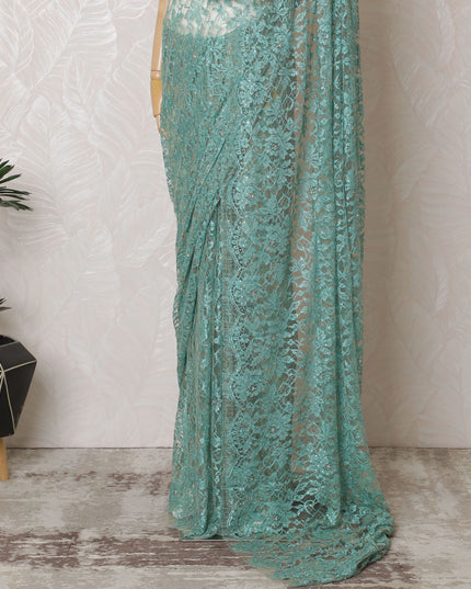 Aquamarine Elegance French Two-Tone Chantilly Lace Saree with Stone Embellishments, 110cm Wide - 5.5m Piece-D18851