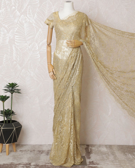 Golden Glamour French Metallic Chantilly Lace Saree with Exquisite Stone Work, 110cm Wide - 5.5m Piece-D18852 - Regal Fabrics