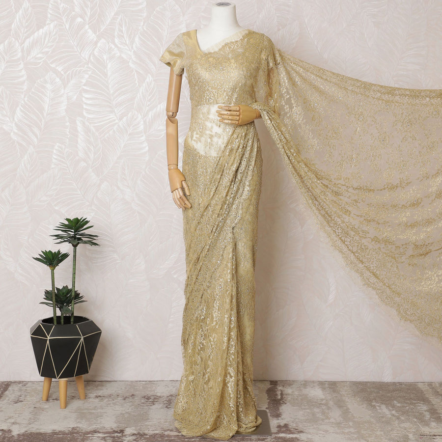 Golden Glamour French Metallic Chantilly Lace Saree with Exquisite Stone Work, 110cm Wide - 5.5m Piece-D18852 - Regal Fabrics