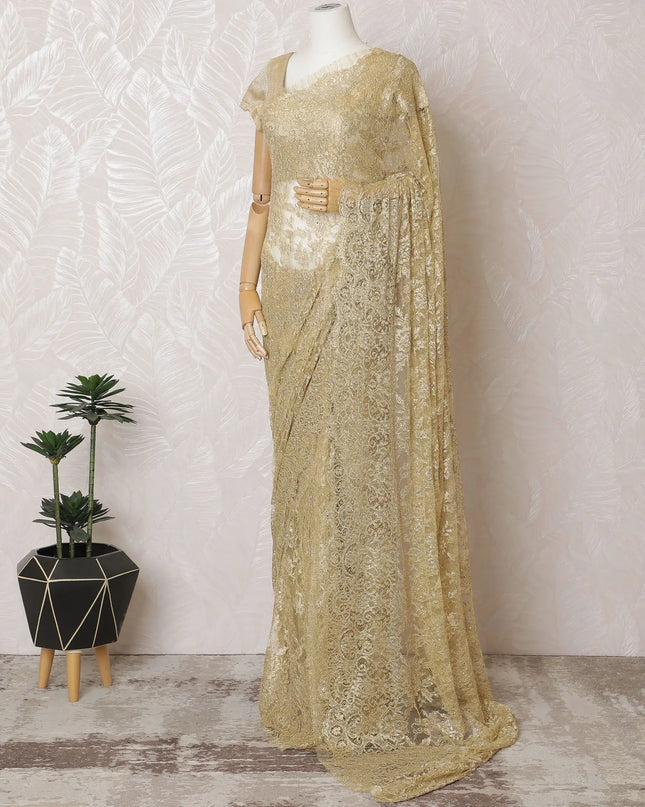 Golden Glamour French Metallic Chantilly Lace Saree with Exquisite Stone Work, 110cm Wide - 5.5m Piece-D18852 Regal Fabrics