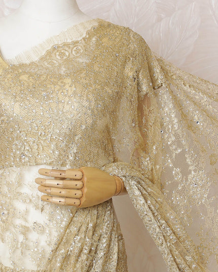Golden Glamour French Metallic Chantilly Lace Saree with Exquisite Stone Work, 110cm Wide - 5.5m Piece-D18852 - Regal Fabrics