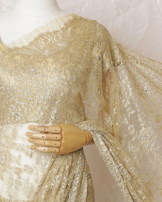Golden Glamour French Metallic Chantilly Lace Saree with Exquisite Stone Work, 110cm Wide - 5.5m Piece-D18852 Regal Fabrics