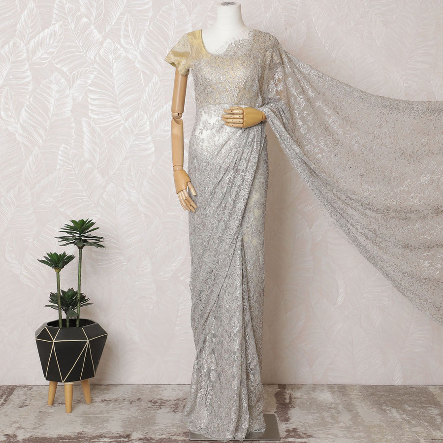 Silvery Moonbeam French Metallic Chantilly Lace Saree with Stone Embellishments, 110cm Wide - 5.5m Piece-D18853