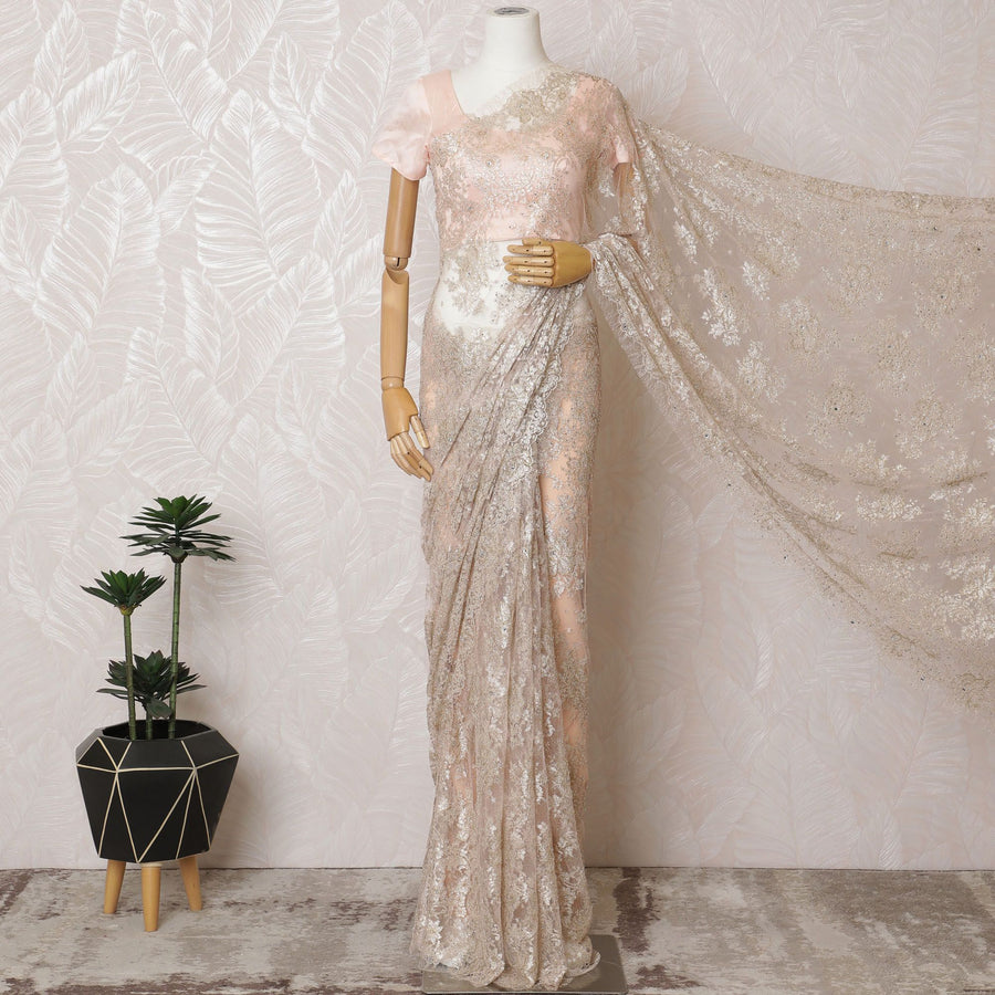 Champagne Gold French Metallic Chantilly Lace Saree with Crystal Stone Work, 110cm Wide - 5.5m Piece-D18854