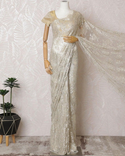 Opulent Ivory French Metallic Chantilly Lace Saree with Stone Work, 110cm Wide - 5.5m Piece-D18855 - Regal Fabrics