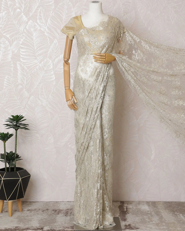 Opulent Ivory French Metallic Chantilly Lace Saree with Stone Work, 110cm Wide - 5.5m Piece-D18855 Regal Fabrics