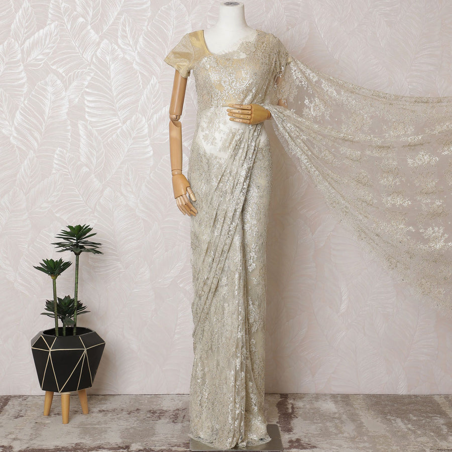 Opulent Ivory French Metallic Chantilly Lace Saree with Stone Work, 110cm Wide - 5.5m Piece-D18855 - Regal Fabrics