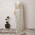 Opulent Ivory French Metallic Chantilly Lace Saree with Stone Work, 110cm Wide - 5.5m Piece-D18855 - Regal Fabrics
