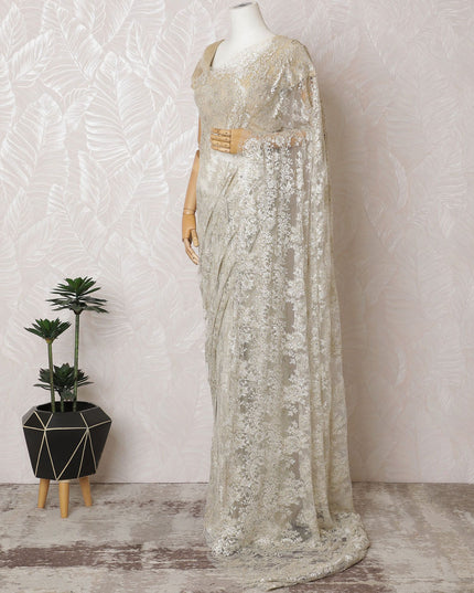 Opulent Ivory French Metallic Chantilly Lace Saree with Stone Work, 110cm Wide - 5.5m Piece-D18855 - Regal Fabrics