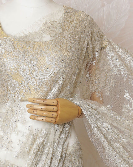 Opulent Ivory French Metallic Chantilly Lace Saree with Stone Work, 110cm Wide - 5.5m Piece-D18855 - Regal Fabrics