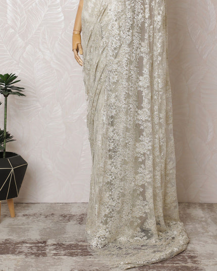 Opulent Ivory French Metallic Chantilly Lace Saree with Stone Work, 110cm Wide - 5.5m Piece-D18855 - Regal Fabrics