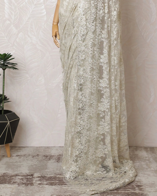 Opulent Ivory French Metallic Chantilly Lace Saree with Stone Work, 110cm Wide - 5.5m Piece-D18855 Regal Fabrics