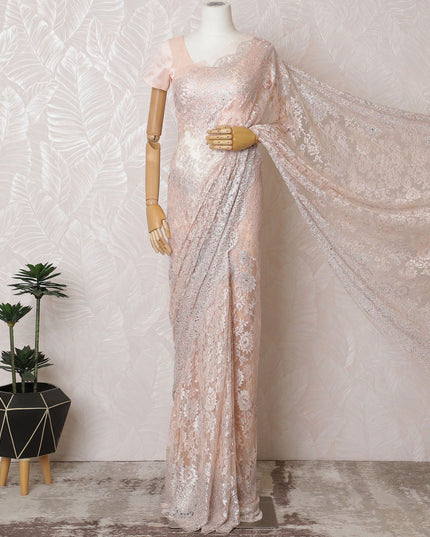 Petal Pink French Metallic Chantilly Lace Saree with Elegant Stone Work, 110cm Wide - 5.5m Piece-D18856 - Regal Fabrics