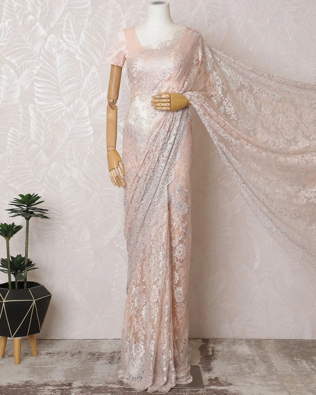 Petal Pink French Metallic Chantilly Lace Saree with Elegant Stone Work, 110cm Wide - 5.5m Piece-D18856 Regal Fabrics