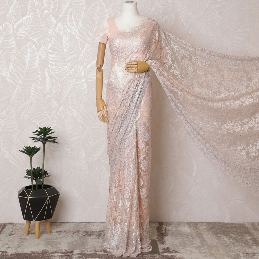 Petal Pink French Metallic Chantilly Lace Saree with Elegant Stone Work, 110cm Wide - 5.5m Piece-D18856 - Regal Fabrics
