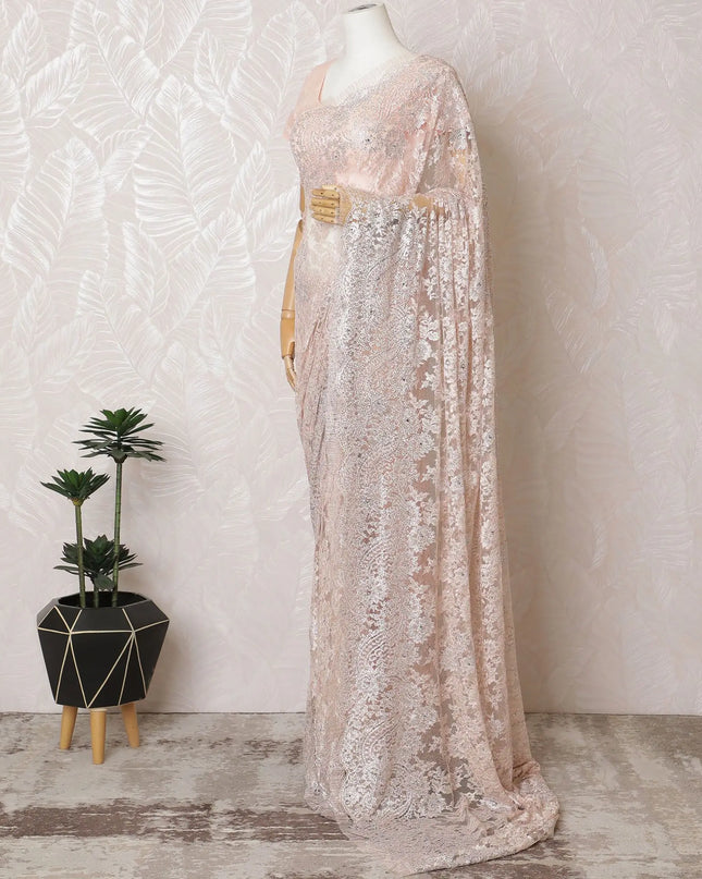 Petal Pink French Metallic Chantilly Lace Saree with Elegant Stone Work, 110cm Wide - 5.5m Piece-D18856 Regal Fabrics
