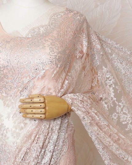 Petal Pink French Metallic Chantilly Lace Saree with Elegant Stone Work, 110cm Wide - 5.5m Piece-D18856 - Regal Fabrics