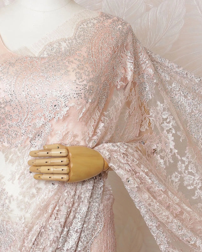 Petal Pink French Metallic Chantilly Lace Saree with Elegant Stone Work, 110cm Wide - 5.5m Piece-D18856 Regal Fabrics