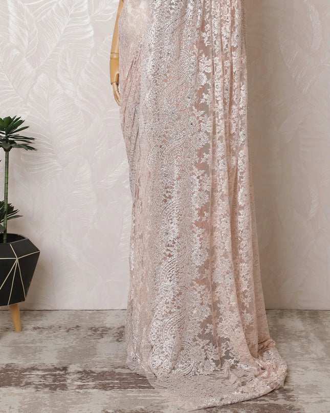 Petal Pink French Metallic Chantilly Lace Saree with Elegant Stone Work, 110cm Wide - 5.5m Piece-D18856 Regal Fabrics