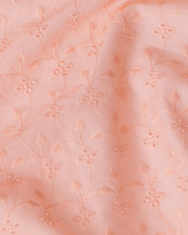 Coral Blush Embroidered Cotton Lawn Fabric, 110cm Wide - Delicate Textile by the Meter from India-D18861