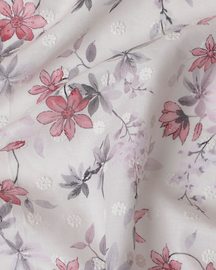 Springtime Blossom Cotton Lawn Fabric with Embroidery, 110cm Wide - Sold by the Meter from India-D18863