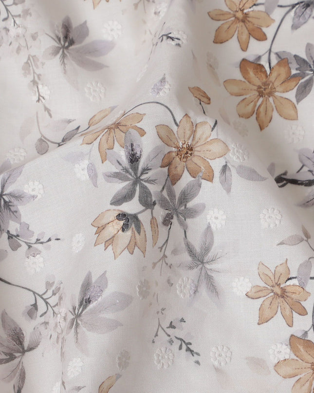 Antique Floral Embroidered Cotton Lawn Fabric, 110cm Wide - Sold by the Meter from India-D18864