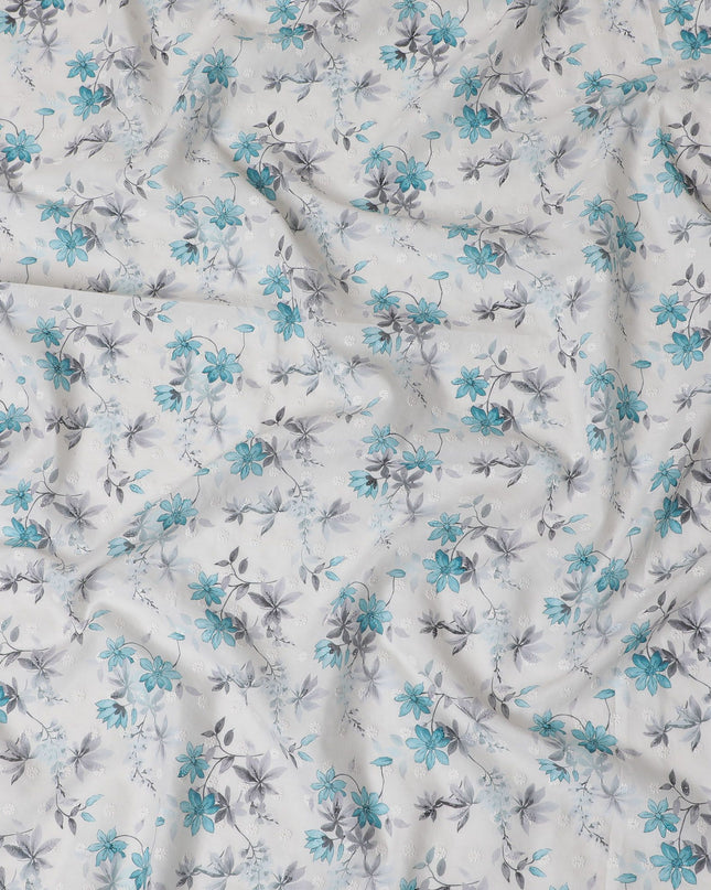 قماش عشبي قطني مطرز بالزهور باللون الأزرق من Cool Breeze، بعرض 110 سم - يباع بالمتر من India-D18865