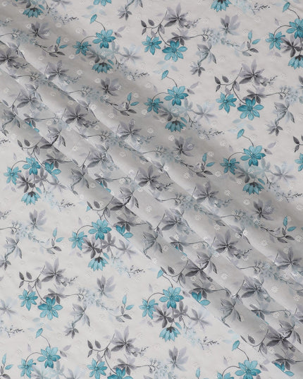 قماش عشبي قطني مطرز بالزهور باللون الأزرق من Cool Breeze، بعرض 110 سم - يباع بالمتر من India-D18865