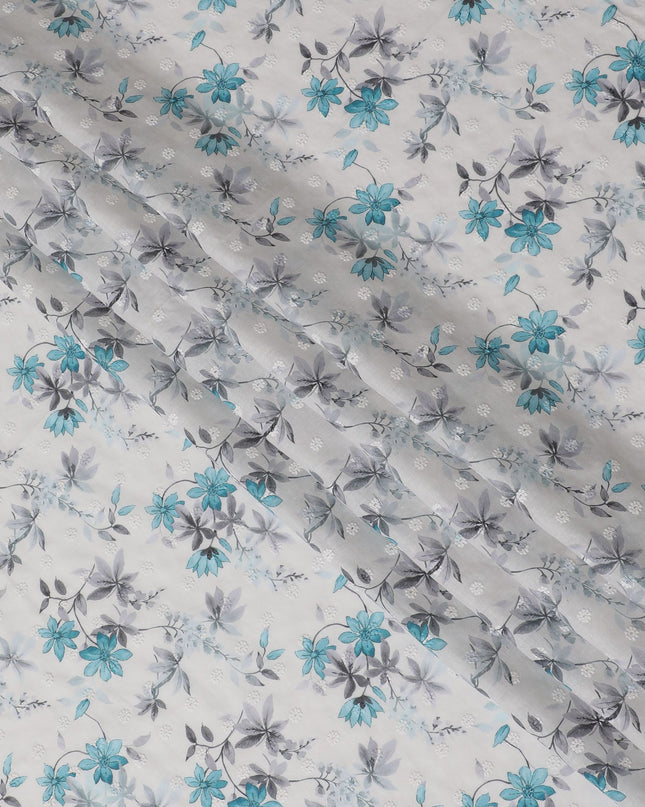 قماش عشبي قطني مطرز بالزهور باللون الأزرق من Cool Breeze، بعرض 110 سم - يباع بالمتر من India-D18865