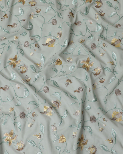 Mint Garden Gold-Accented Embroidered Cotton Voile Fabric, 110cm Wide - Crafted in India, Sold by the Meter-D18870