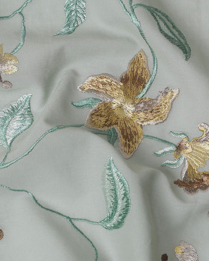 Mint Garden Gold-Accented Embroidered Cotton Voile Fabric, 110cm Wide - Crafted in India, Sold by the Meter-D18870