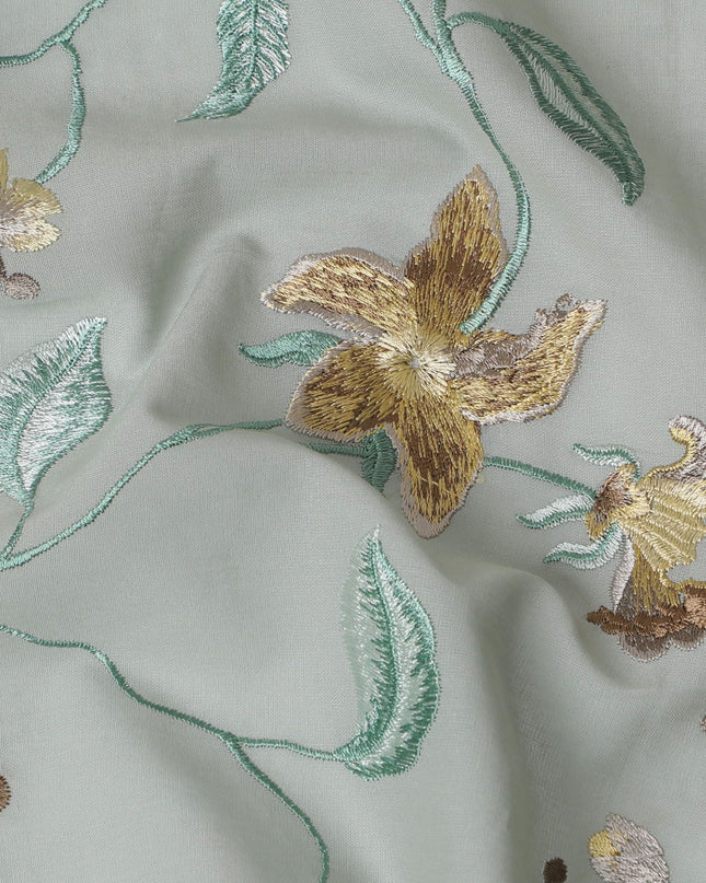 Mint Garden Gold-Accented Embroidered Cotton Voile Fabric, 110cm Wide - Crafted in India, Sold by the Meter-D18870