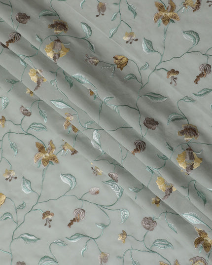 Mint Garden Gold-Accented Embroidered Cotton Voile Fabric, 110cm Wide - Crafted in India, Sold by the Meter-D18870