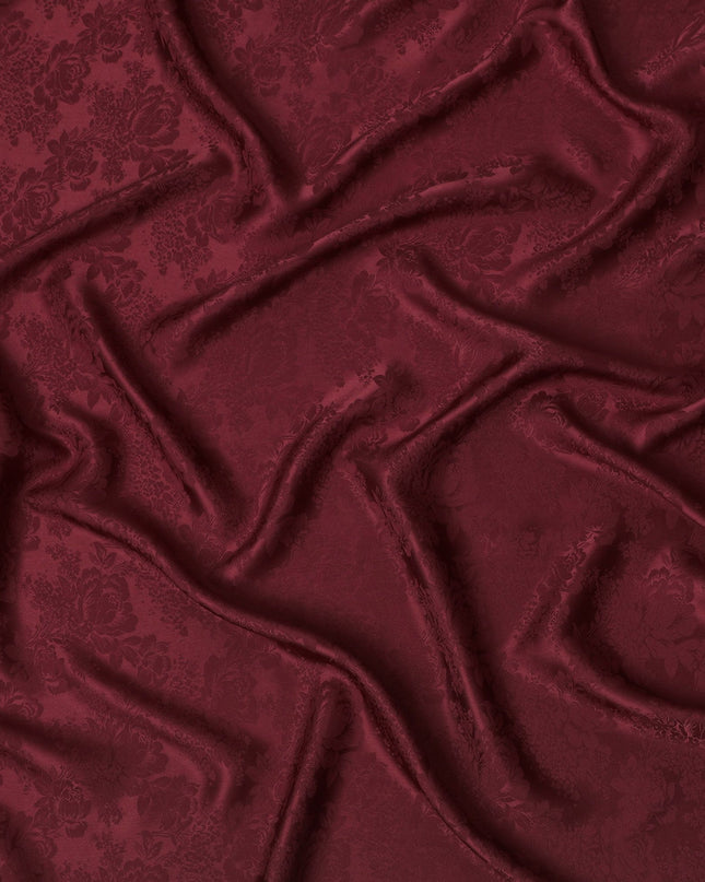 Regal Burgundy Floral Jacquard Crepe Silk Fabric, Elegant Drape, 110cm Width - Ideal for Luxurious Attire-D18899