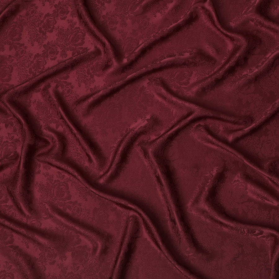 Regal Burgundy Floral Jacquard Crepe Silk Fabric, Elegant Drape, 110cm Width - Ideal for Luxurious Attire-D18899