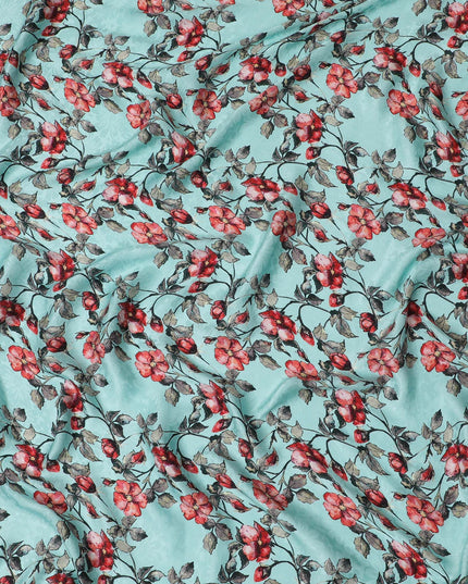 Vibrant Aqua Blue with Red Floral Print Crepe Silk Fabric, 110cm Width - Ideal for Statement Pieces-D18907