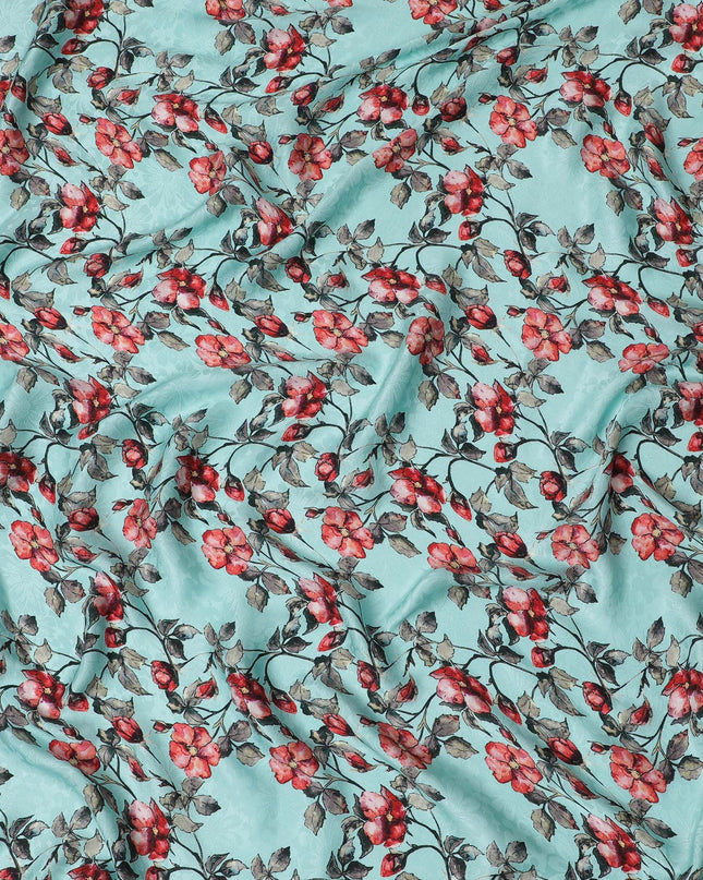 Vibrant Aqua Blue with Red Floral Print Crepe Silk Fabric, 110cm Width - Ideal for Statement Pieces-D18907