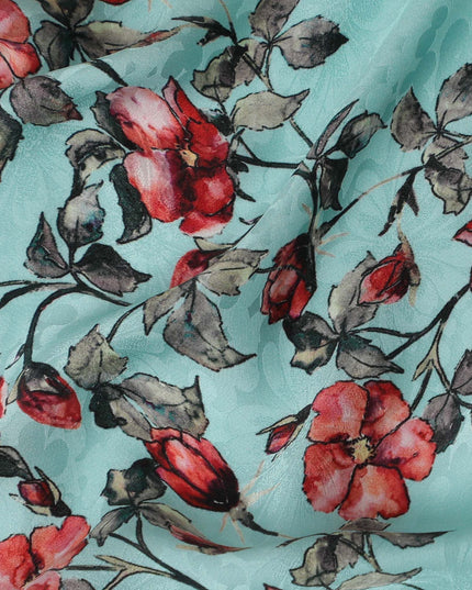 Vibrant Aqua Blue with Red Floral Print Crepe Silk Fabric, 110cm Width - Ideal for Statement Pieces-D18907