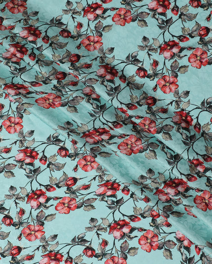 Vibrant Aqua Blue with Red Floral Print Crepe Silk Fabric, 110cm Width - Ideal for Statement Pieces-D18907