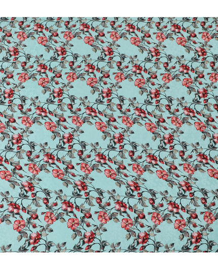 Vibrant Aqua Blue with Red Floral Print Crepe Silk Fabric, 110cm Width - Ideal for Statement Pieces-D18907