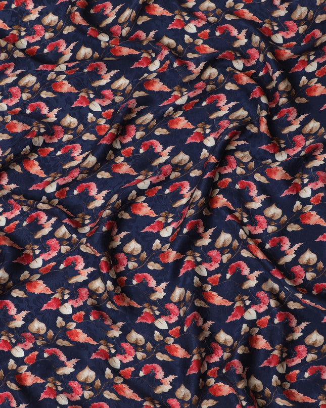Navy Elegance with Autumnal Floral Print Crepe Silk Fabric, 110cm Width - Perfect for All Seasons-D18908