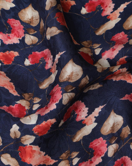 Navy Elegance with Autumnal Floral Print Crepe Silk Fabric, 110cm Width - Perfect for All Seasons-D18908