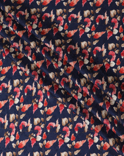 Navy Elegance with Autumnal Floral Print Crepe Silk Fabric, 110cm Width - Perfect for All Seasons-D18908