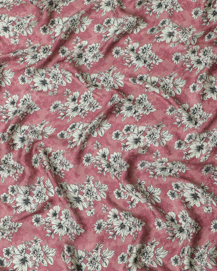 Dusty Rose Floral Sketch Crepe Silk Fabric, 110cm Width - Vintage Charm for Garments & Accents-D18910