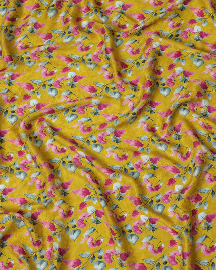 Sunny Marigold with Pink Floral Print Crepe Silk Fabric, 110cm Width - Vibrant and Versatile for All Designs-D18911